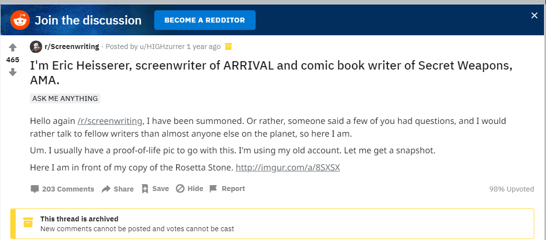 Reddit screenwriting - Eric Heisserer, Arrival