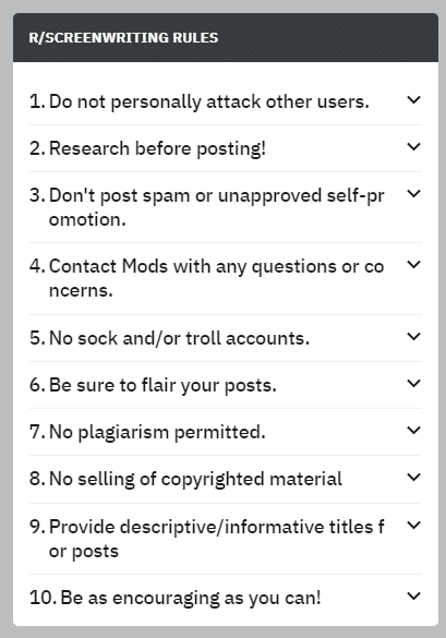 Reddit screenwriting - rules