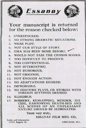 17-point checklist movie studios used to reject scripts during the silent-film era.